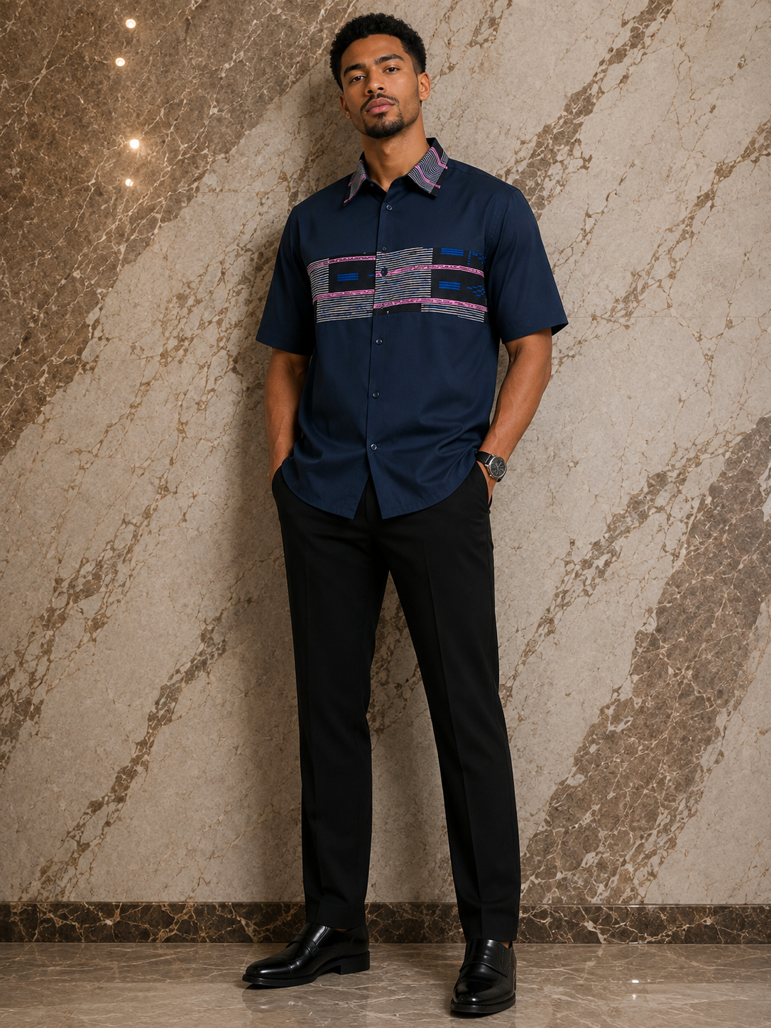 Chemise manche courte en coton avec empreinte en wax
