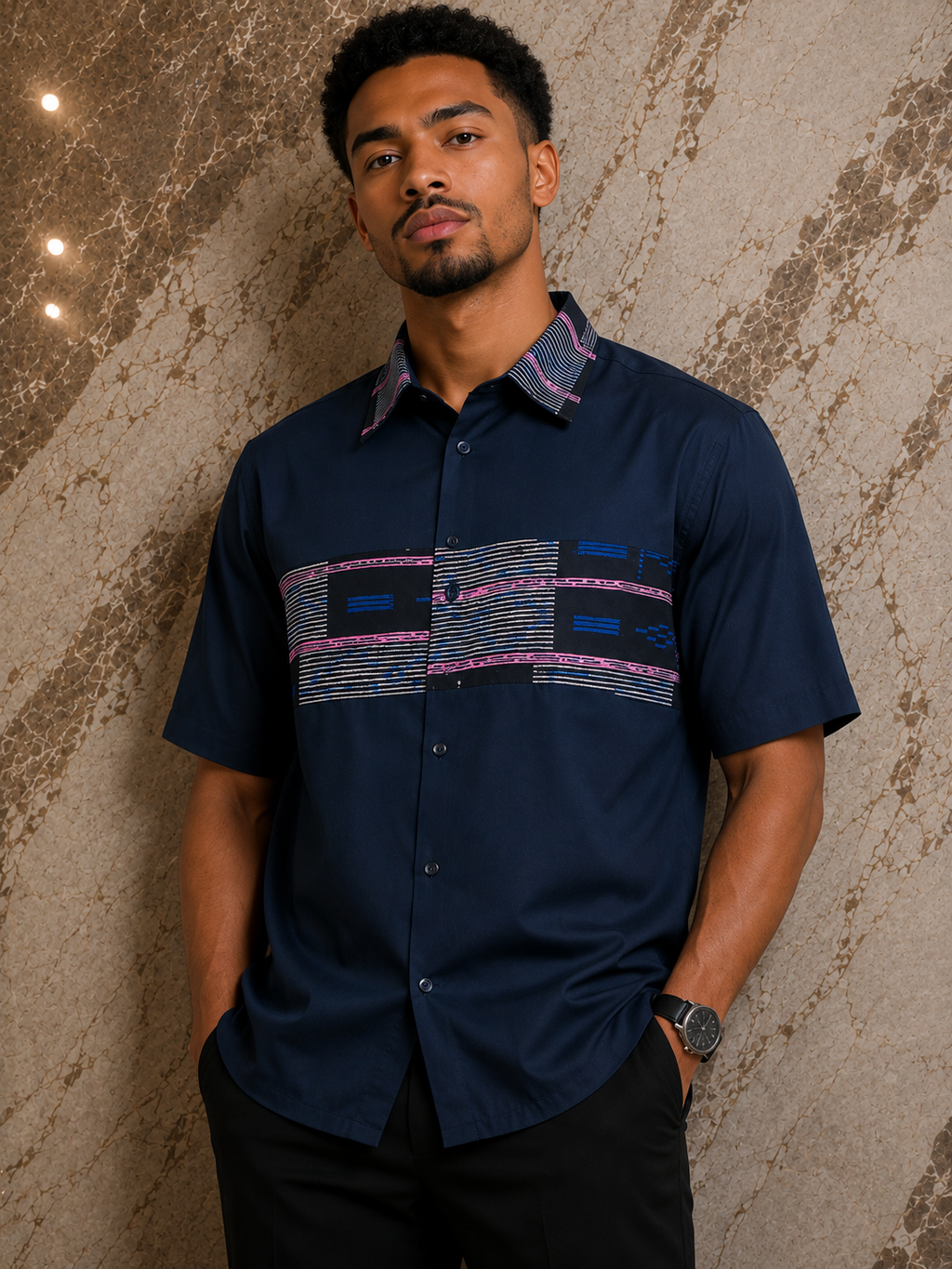 Chemise manche courte en coton avec empreinte en wax