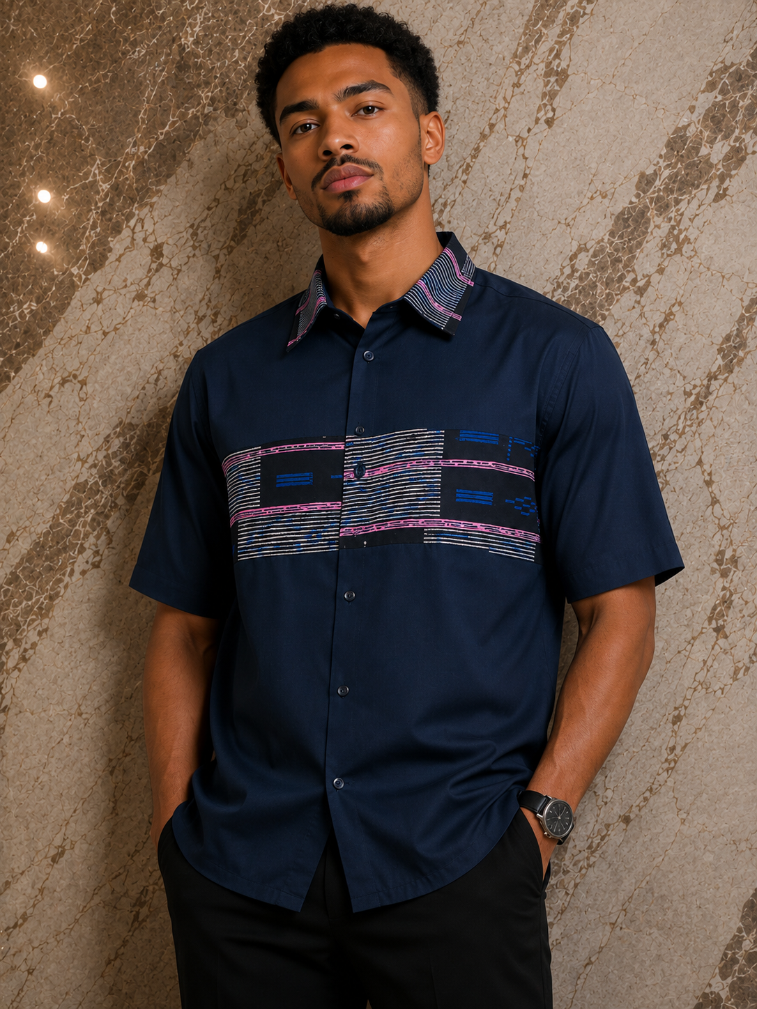 Chemise manche courte en coton avec empreinte en wax